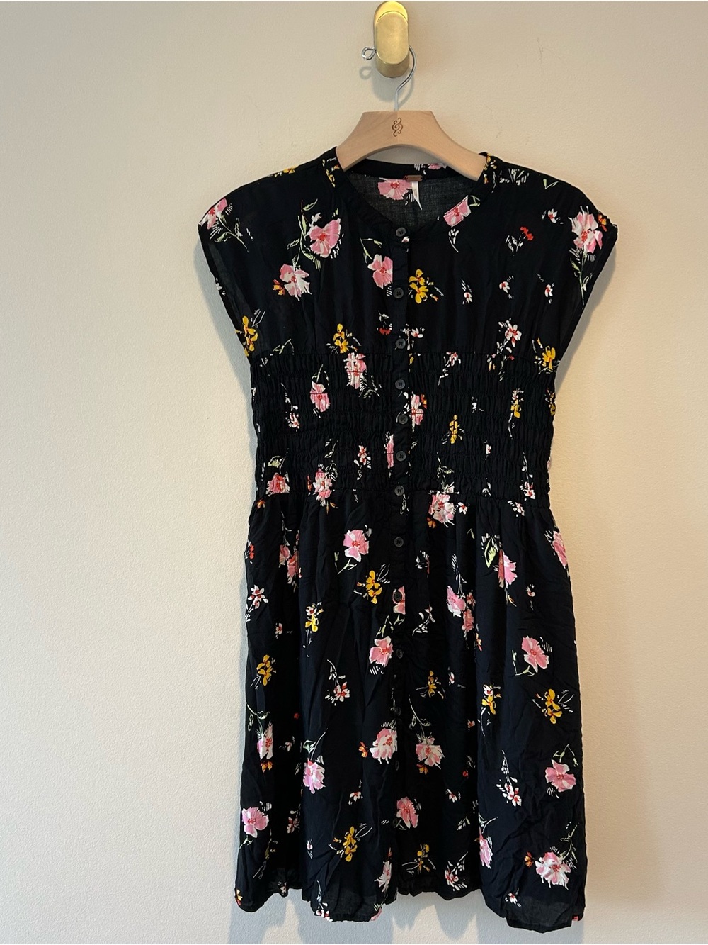 Free People Black Floral Smocked Mini Dress “Greatest Day” Button Front Cottage